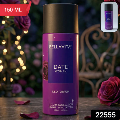 Bellavita Date Woman deodorant body spray by Wukusy, 150ml bottle with floral and fruity fragrance, spray nozzle visible.