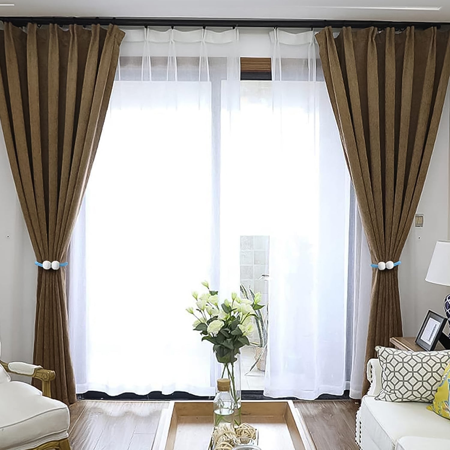 Pair of Wukusy polyester and magnet curtains for health and beauty spaces, featuring easy magnetic closure and stylish design.
