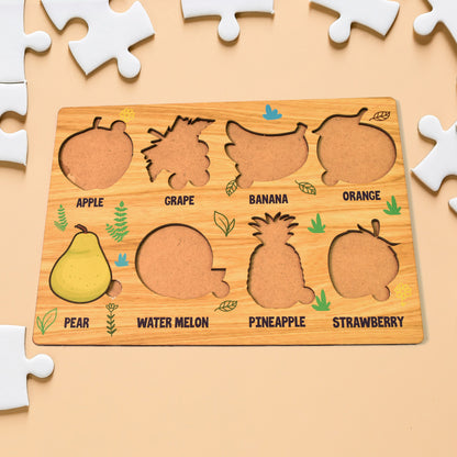 Wooden Fruits Puzzle Learning Educational Toy by Wukusy featuring colorful fruit pieces on a wooden board.