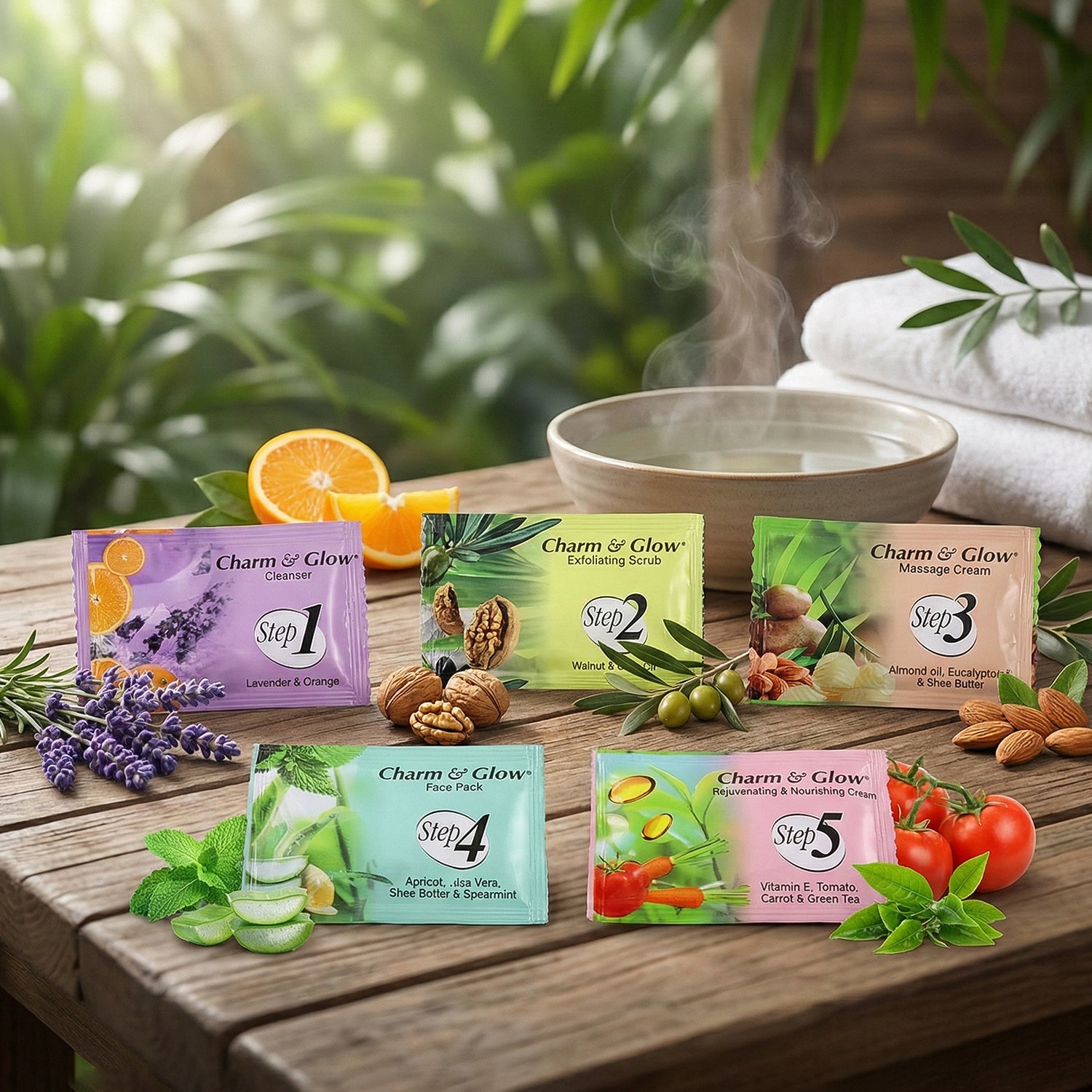 Wukusy Charm Glow 5-step herbal facial kit with various skincare products in a neatly arranged set.