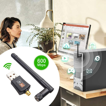 Wukusy USB WiFi receiver used for household and office internet connectivity, shown plugged into a computer port.