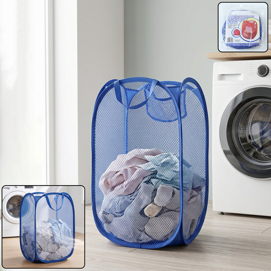 Lightweight Wukusy pop-up mesh laundry basket with 34x34x58cm size, collapsible clothes hamper for easy laundry storage.