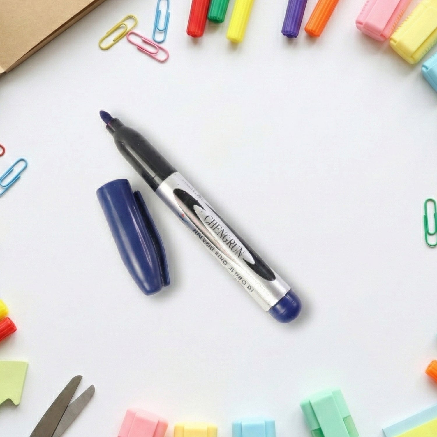 Wukusy premium permanent blue marker pen, single tip marker with vibrant blue ink on white background