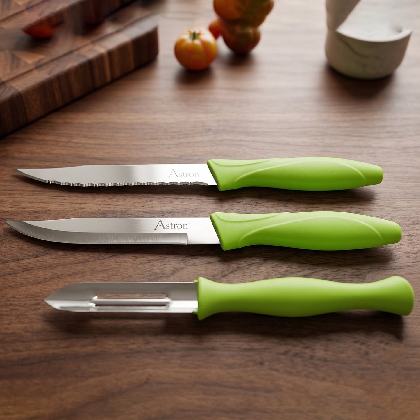 Wukusy premium stainless steel kitchen knife and peeler combo set, including three versatile kitchen tools with ergonomic handles.