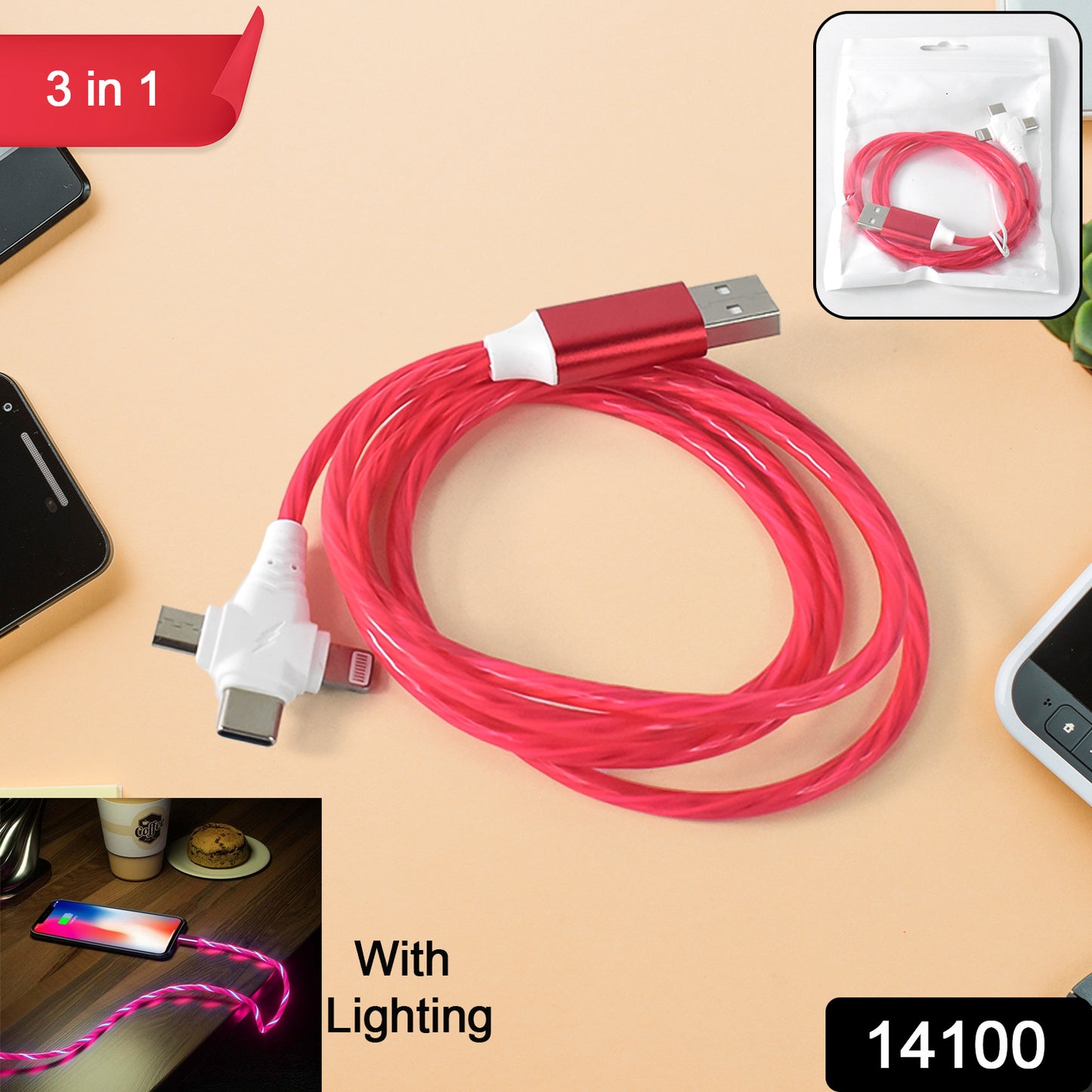 Wukusy 3-in-1 lighting charging cable with illuminated fast charger for versatile electronic device charging and data transfer.