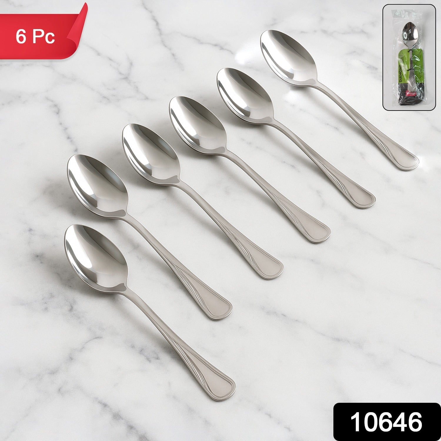 Set of six Supermom stainless steel dining spoons by Wukusy, shiny and polished for home and kitchen use.