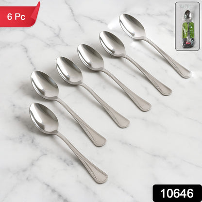 Set of six Supermom stainless steel dining spoons by Wukusy, shiny and polished for home and kitchen use.
