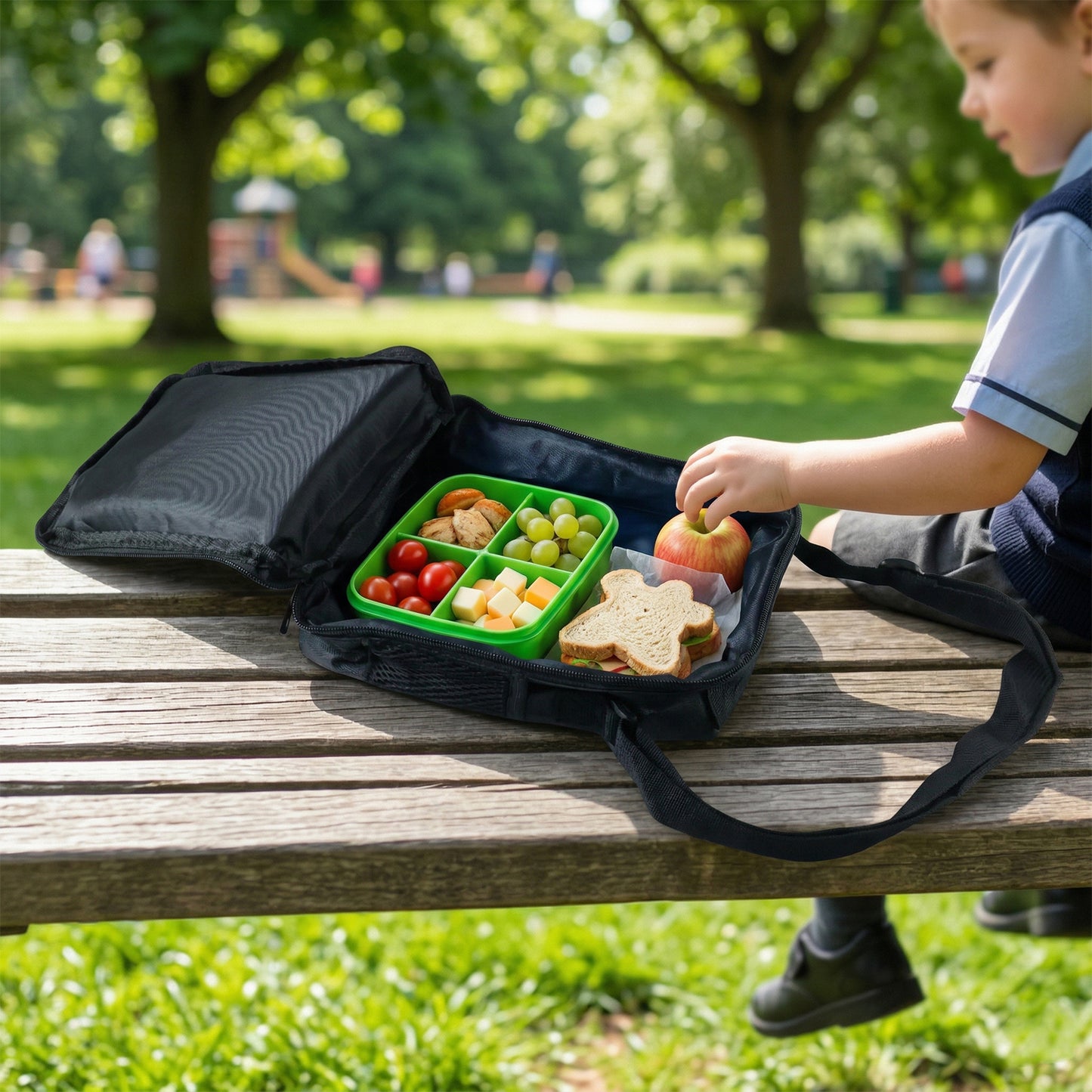 Kids cartoon print lunch bag by Wukusy with adjustable strap, featuring colorful cartoon characters and measures 19x24 cm.