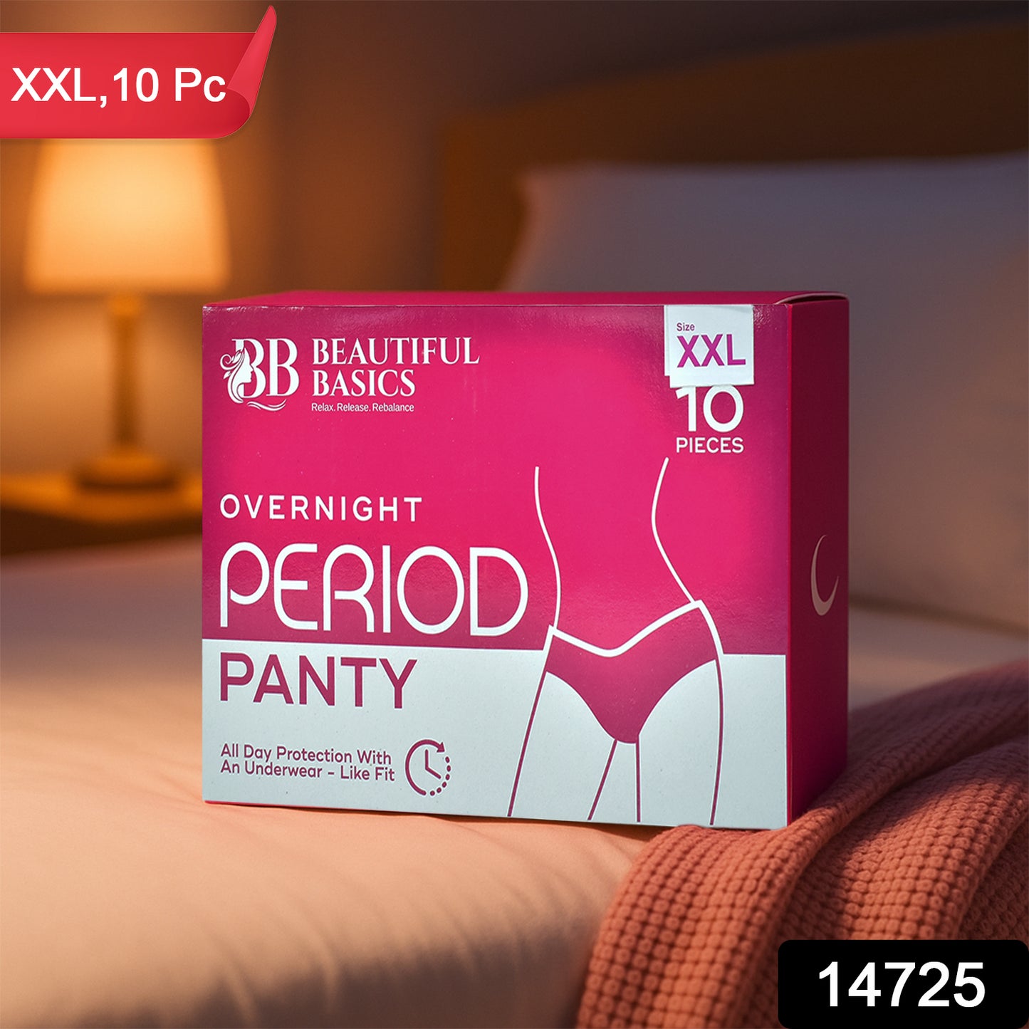 Wukusy Beautiful Basics overnight period panty XXL size, 10-piece pack, soft health care underwear for overnight protection.
