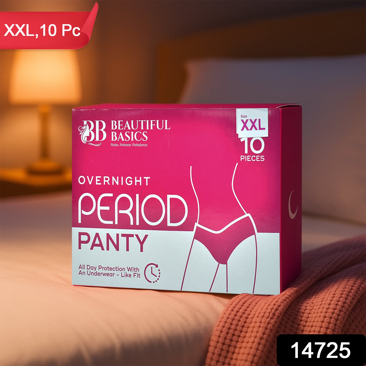 Wukusy Beautiful Basics overnight period panty XXL size, 10-piece pack, soft health care underwear for overnight protection.