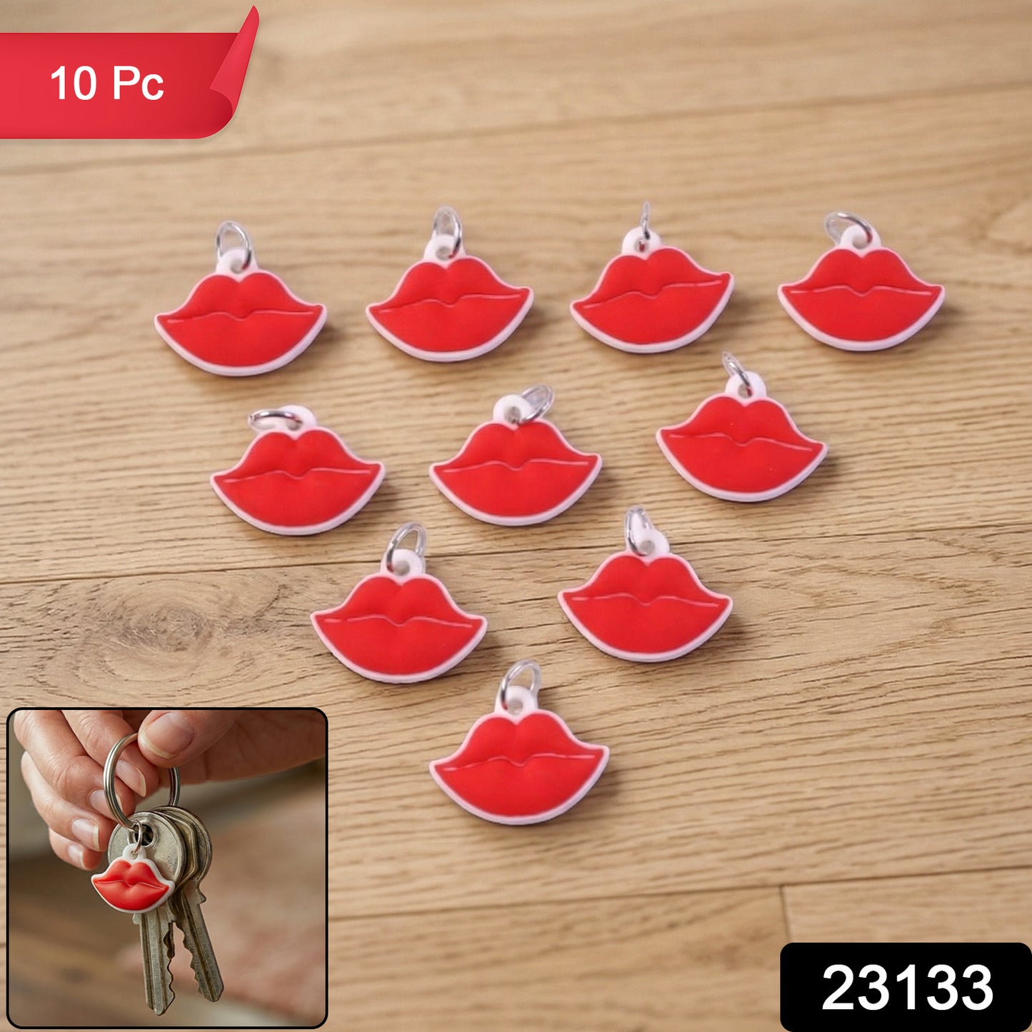 Set of 10 Wukusy cute lips-shaped bag charm keychains with vibrant colors and playful designs, perfect for accessorizing bags.