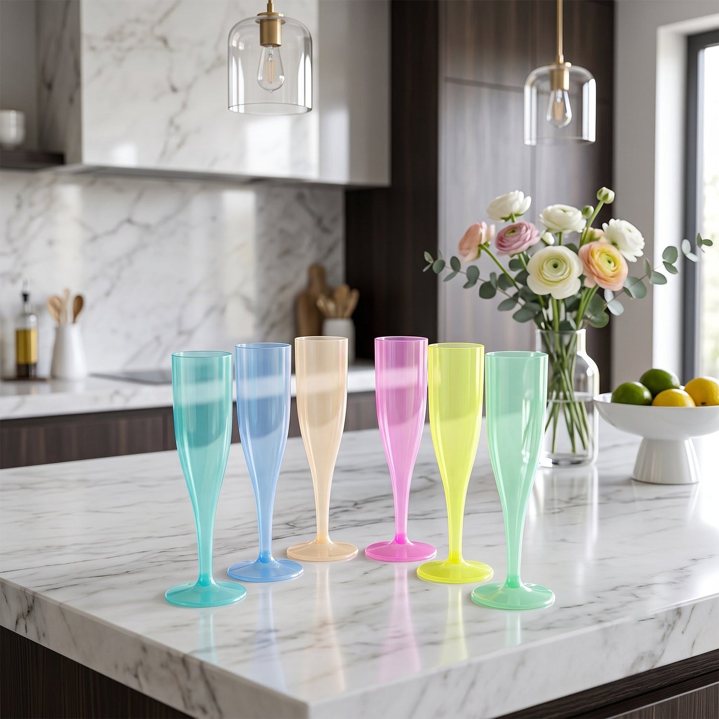 Set of six reusable plastic champagne flutes in assorted colors by Wukusy, showcasing clear and colorful wine glasses on a white background.