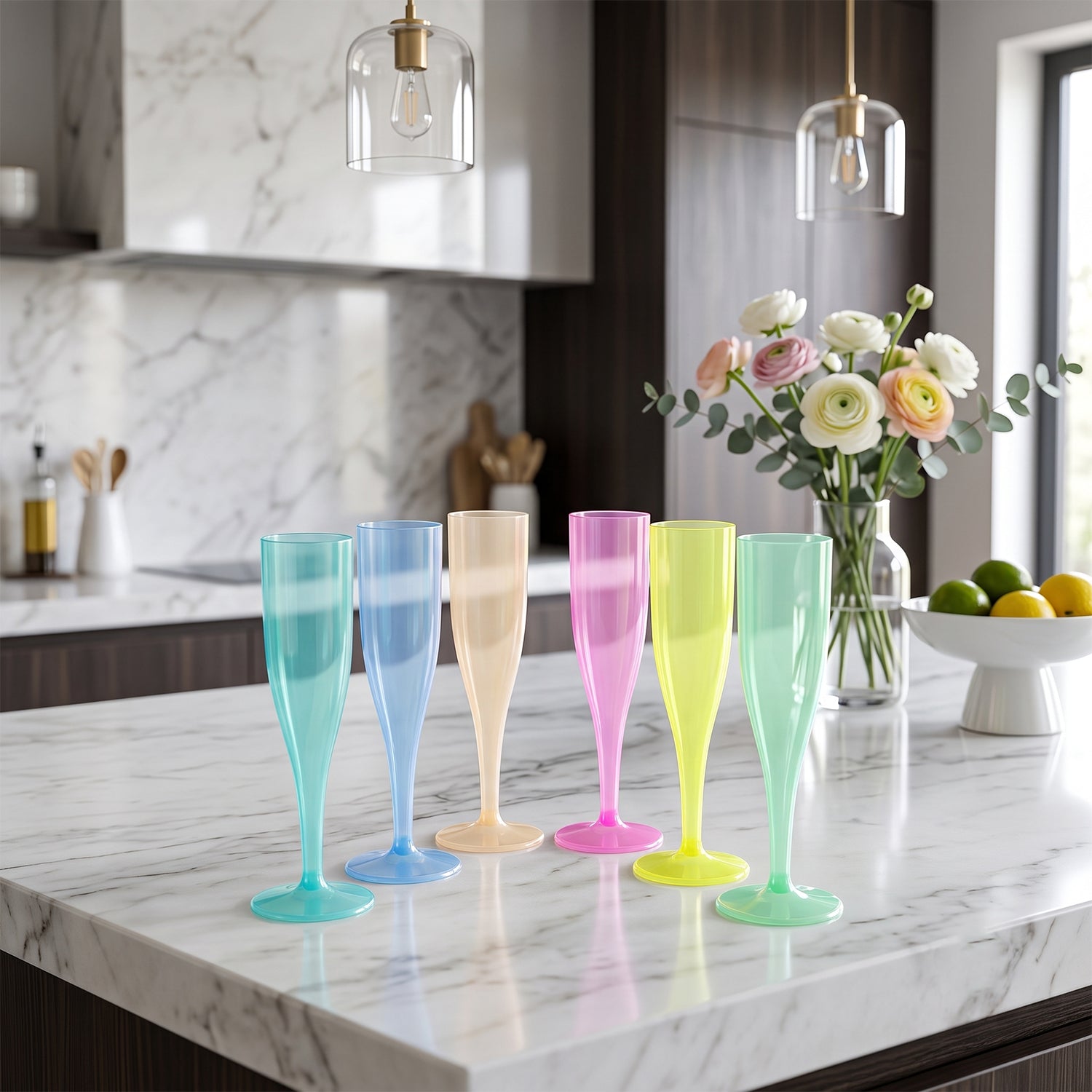 Set of six reusable plastic champagne flutes in assorted colors by Wukusy, showcasing clear and colorful wine glasses on a white background.