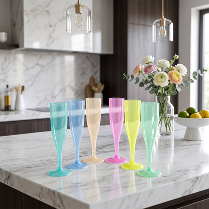 Set of six reusable plastic champagne flutes in assorted colors by Wukusy, showcasing clear and colorful wine glasses on a white background.
