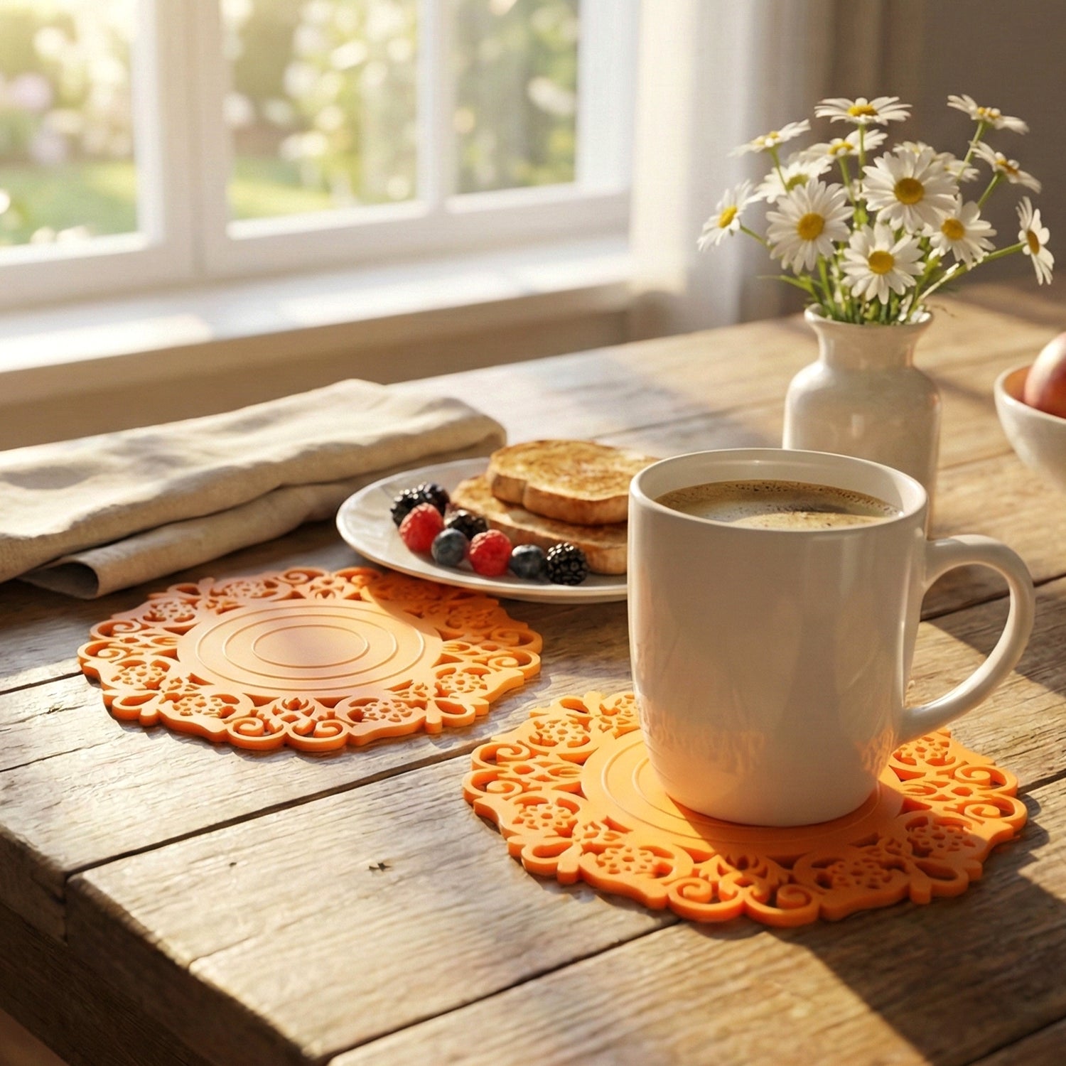 Wukusy heat-resistant decorative hot mat and cup coaster set, 10 cm, two-piece, with colorful floral design on fabric surface.