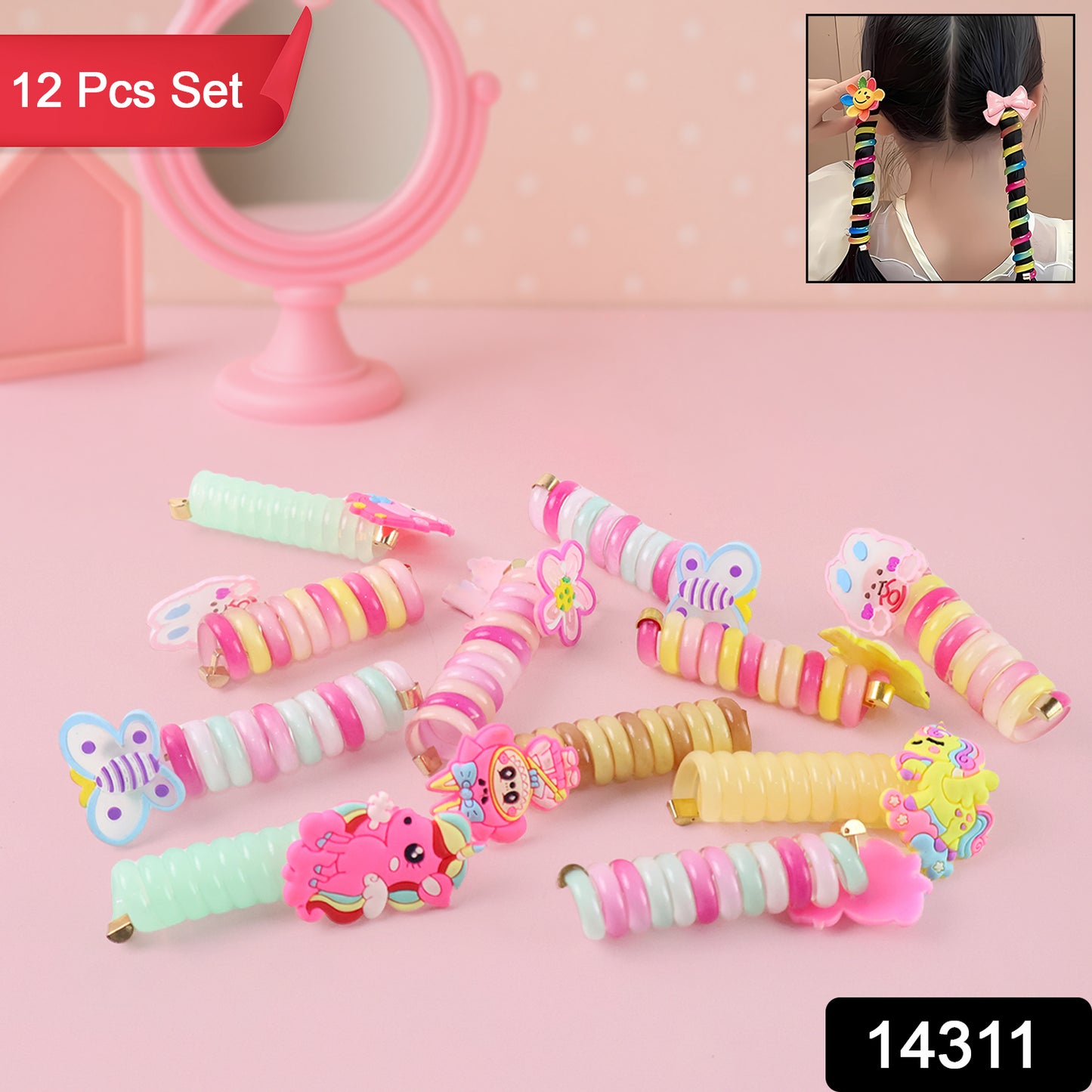 Set of 12 Wukusy spiral hair braiding clips for kids in mixed designs, featuring colorful, child-friendly hair accessory styles.