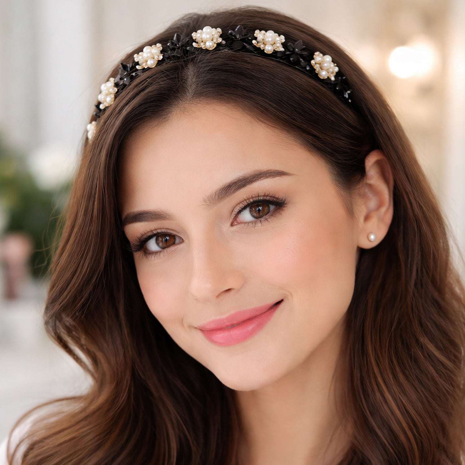 Pearl and floral embellished hairband for girls and women, stylish Wukusy accessory with delicate design and elegant details.