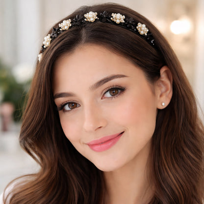 Pearl and floral embellished hairband for girls and women, stylish Wukusy accessory with delicate design and elegant details.