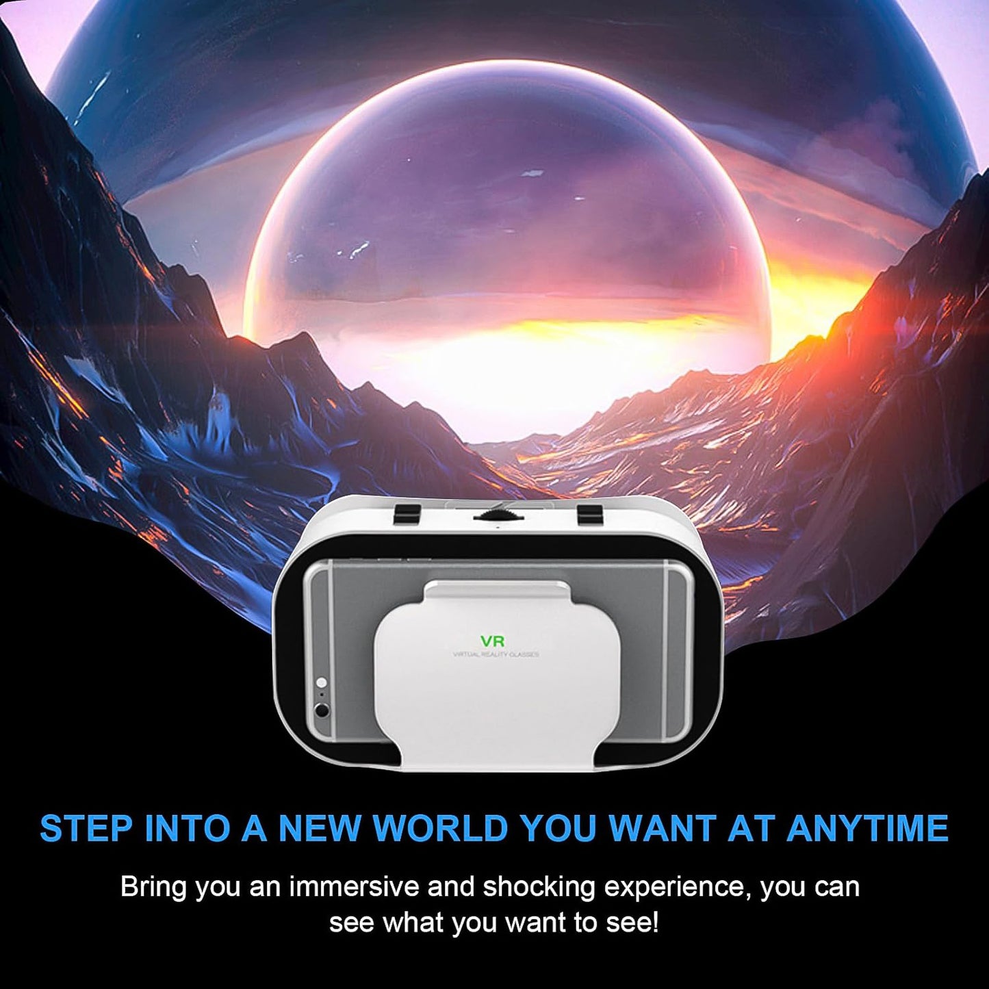 Wukusy Vr Shinecon virtual reality headset for mobile devices, showing the black headset with adjustable straps and lenses.