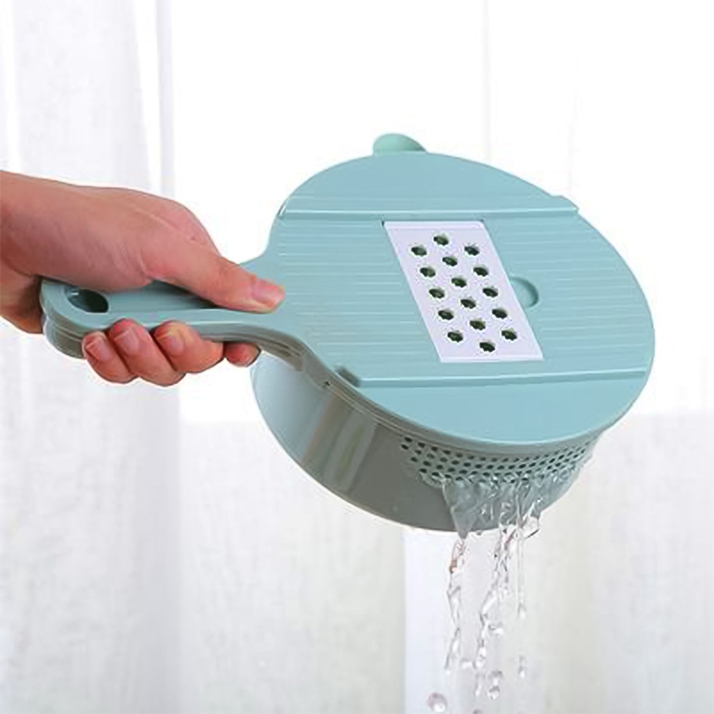 Wukusy 6-in-1 vegetable chopper with drain basket, includes multiple slicer blades for home and kitchen vegetable prep.