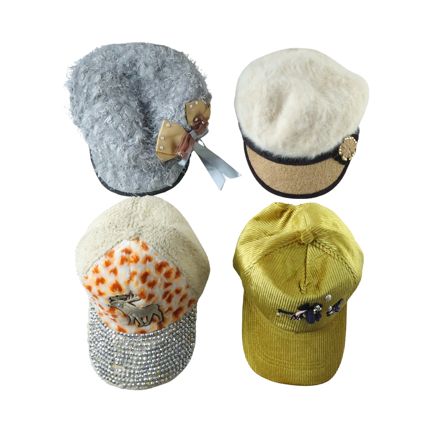 Wukusy stylish designer cap with mix of winter and summer designs, featuring various fabric textures and color patterns.