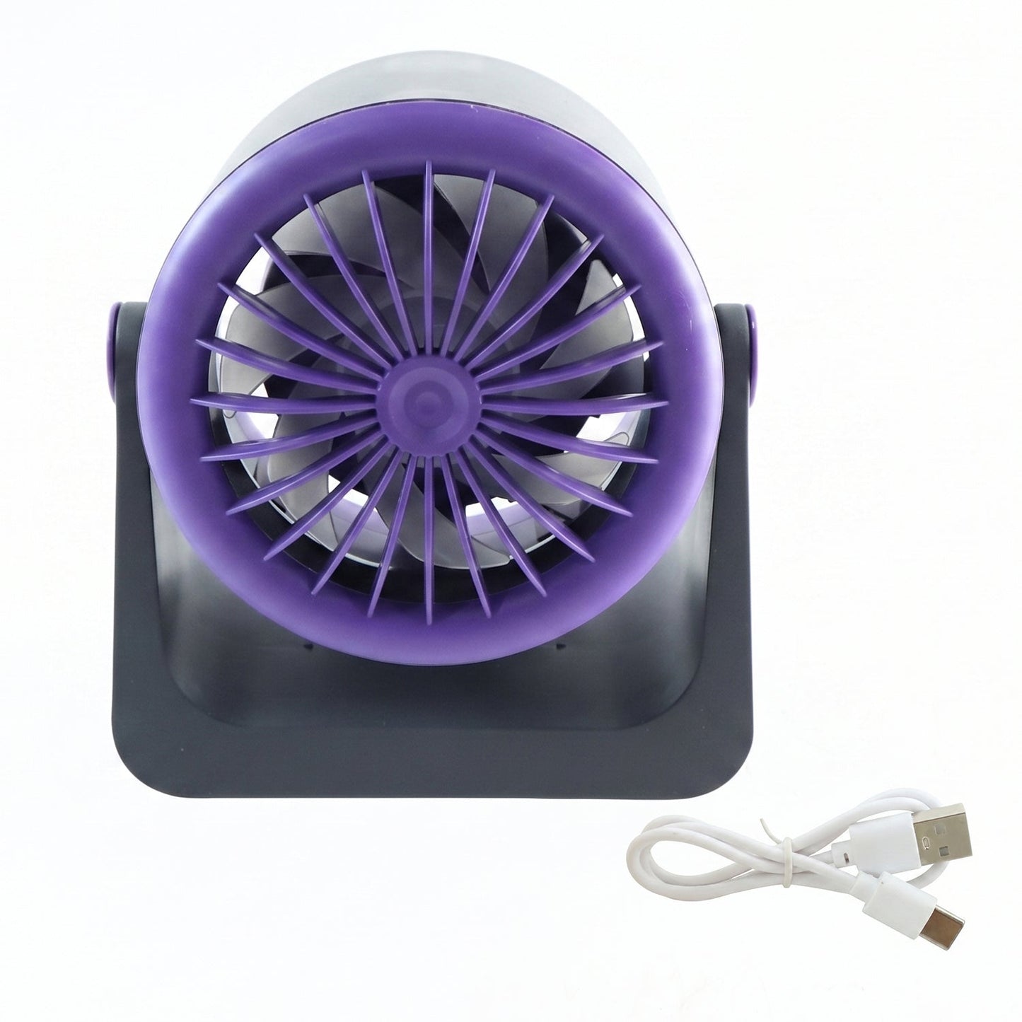 Wukusy personal desktop air circulation fan, portable USB desk fan on a workspace, compact and lightweight for personal cooling.