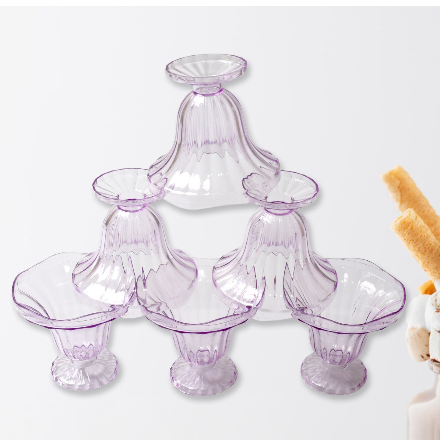Set of six Wukusy crystal plastic ice-cream bowls, versatile for desserts, snacks, fruit, pudding, nuts, or dips in a home kitchen.