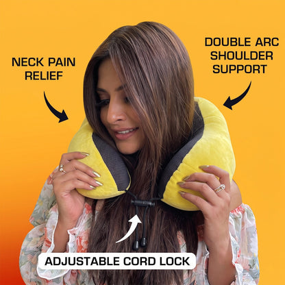 Yellow plush U-shaped travel neck pillow with drawstring from Wukusy, designed for comfortable support during travel.