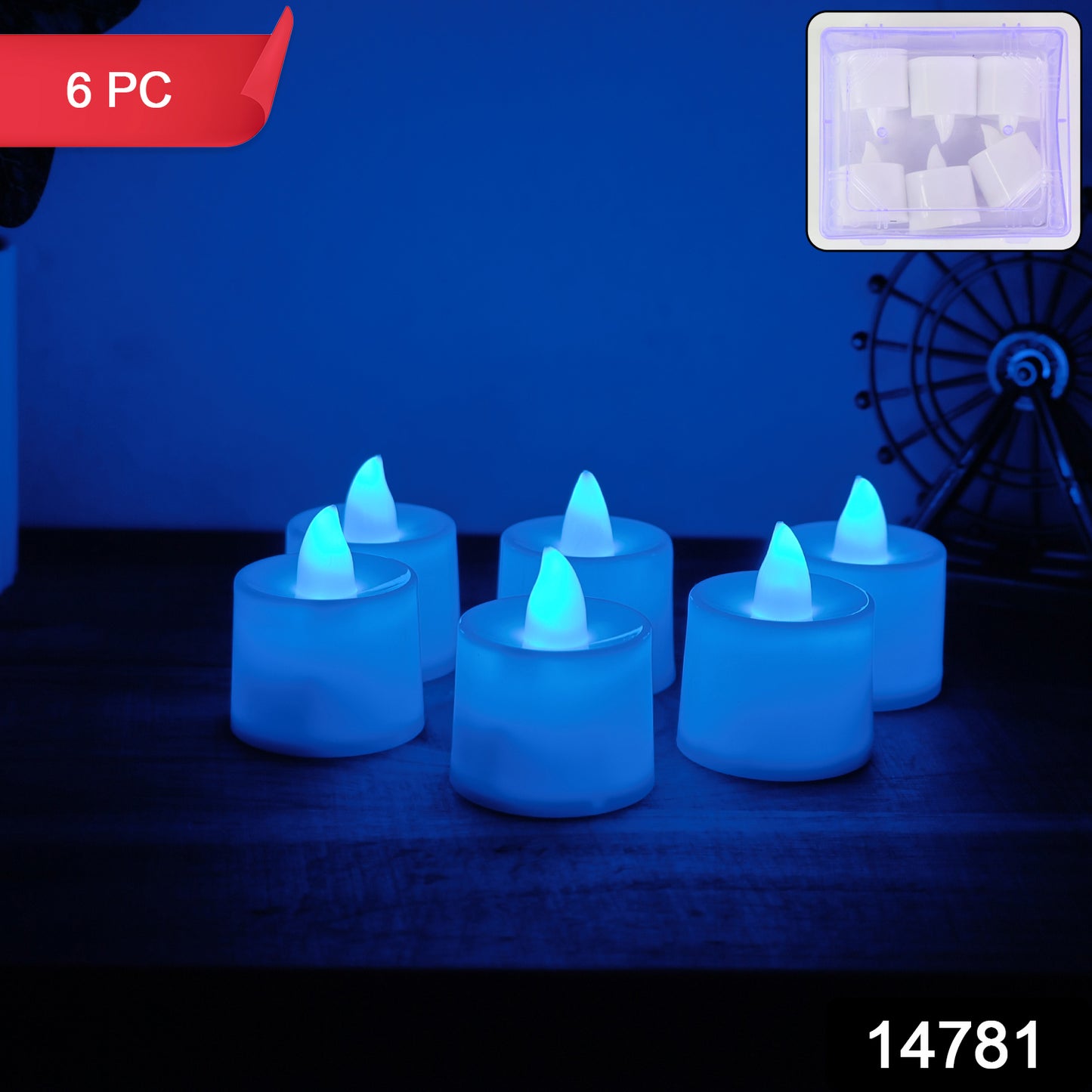 Six blue LED tea light candles by Wukusy, glowing with a soft, flickering light, perfect for ambient lighting or decor.