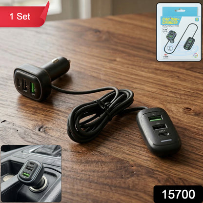 Wukusy RGB breathing light multi-port car USB charger with 1.5m cable, featuring colorful LED indicators and multiple charging ports.