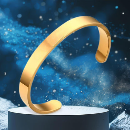 Elegant gold finish open cuff bracelet Kada by Wukusy, showcasing a sleek and stylish design on a clean background.