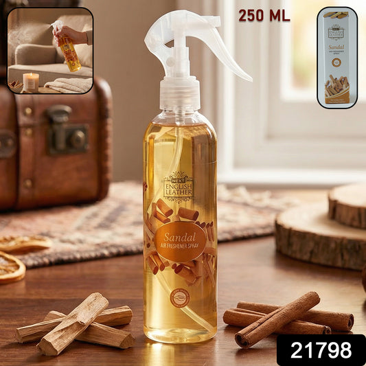Wukusy sandal fragrance air freshener spray for home and office, 250ml, with a sleek bottle and sandalwood scent visible.