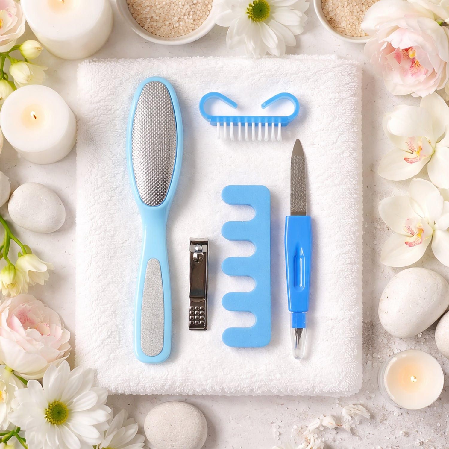 Wukusy 5-in-1 manicure pedicure nail care kit with various tools for grooming and nail maintenance, arranged on a white background.