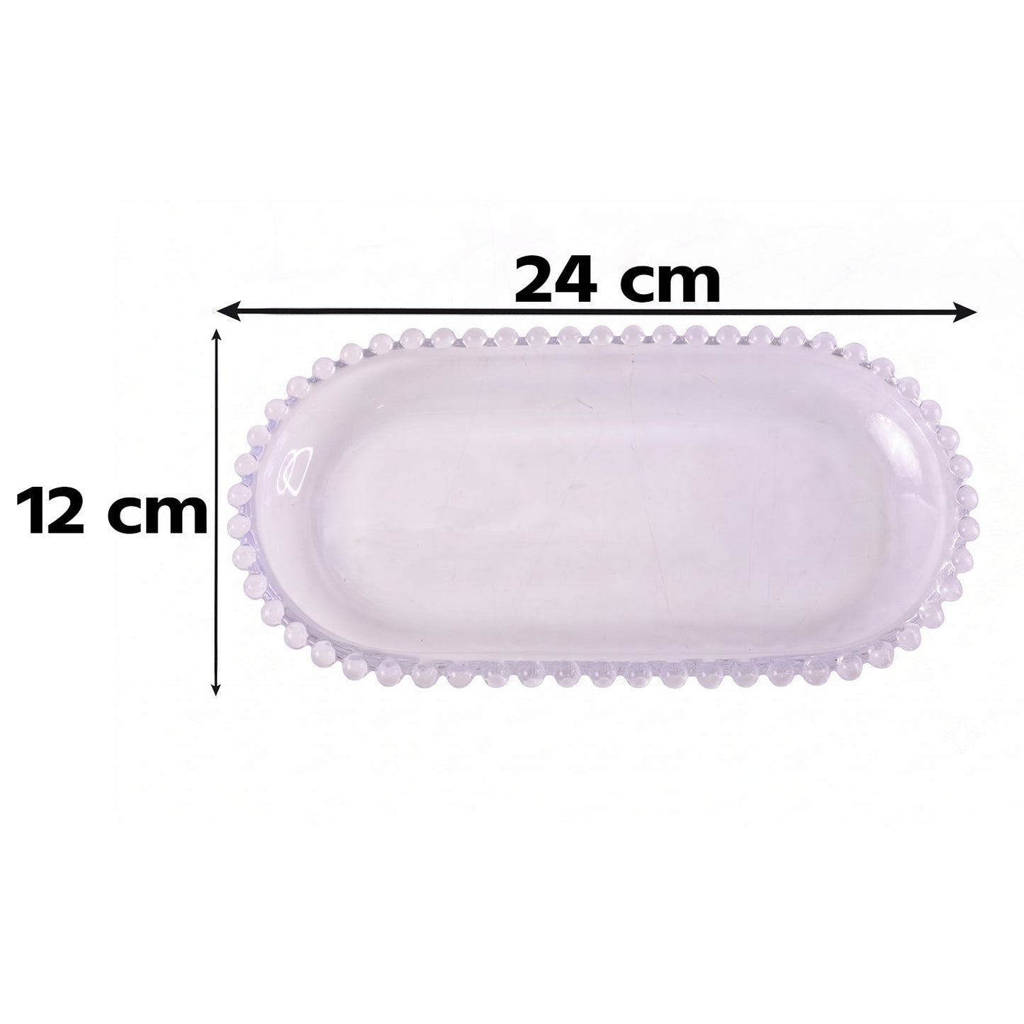 Clear glass 9-inch oval serving tray with beaded edge, ideal for snacks, by Wukusy. Elegant and durable for serving appetizers.
