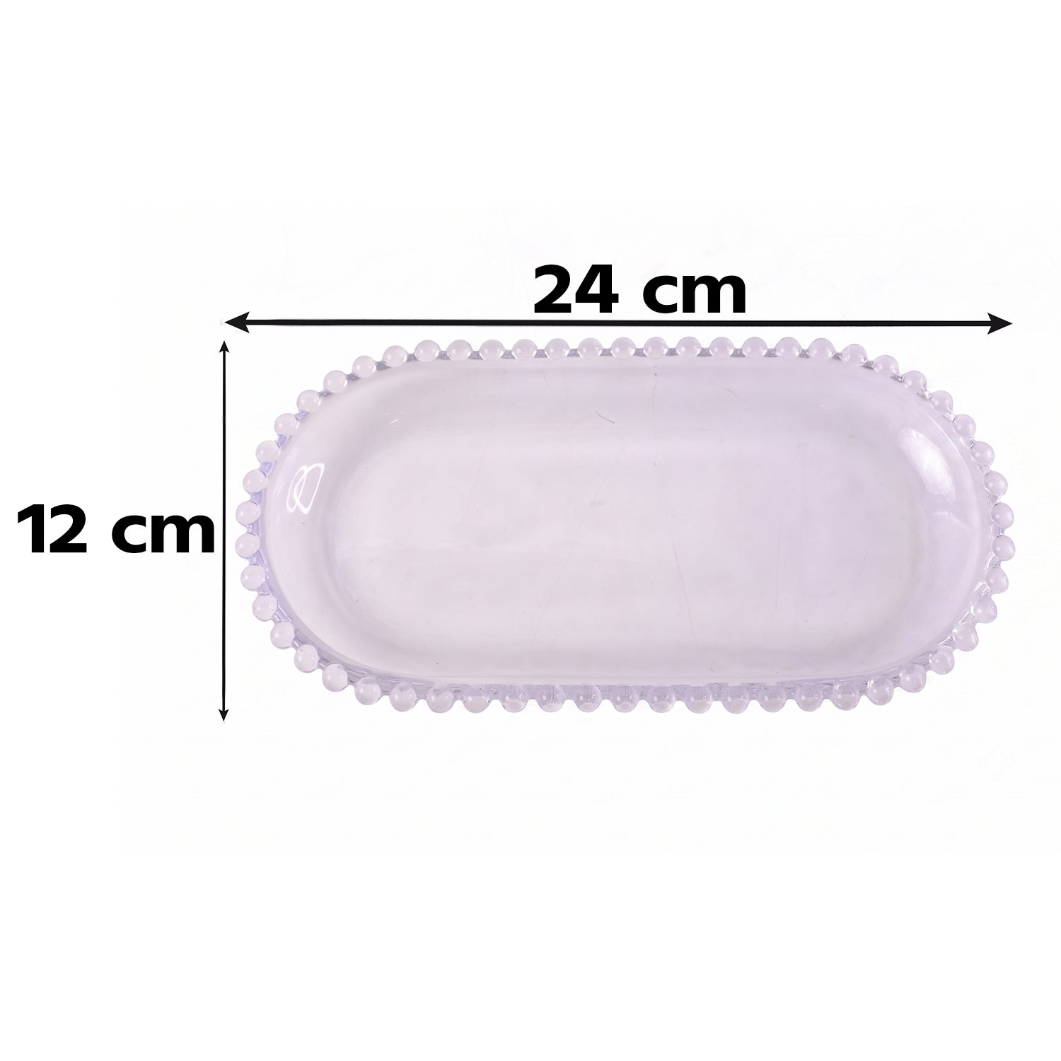 Clear glass 9-inch oval serving tray with beaded edge, ideal for snacks, by Wukusy. Elegant and durable for serving appetizers.