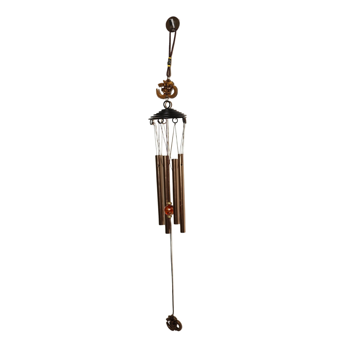 Metal wind chime with Om symbol by Wukusy, featuring hanging tubes and decorative design for outdoor or indoor use