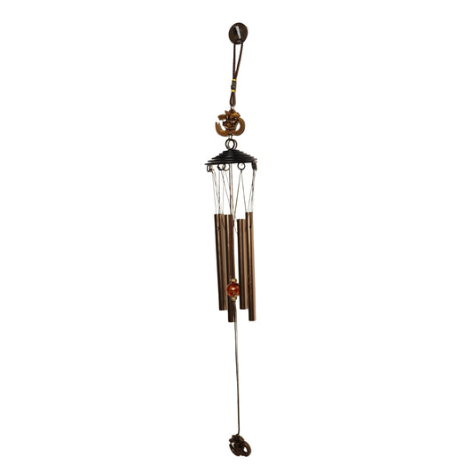 Metal wind chime with Om symbol by Wukusy, featuring hanging tubes and decorative design for outdoor or indoor use
