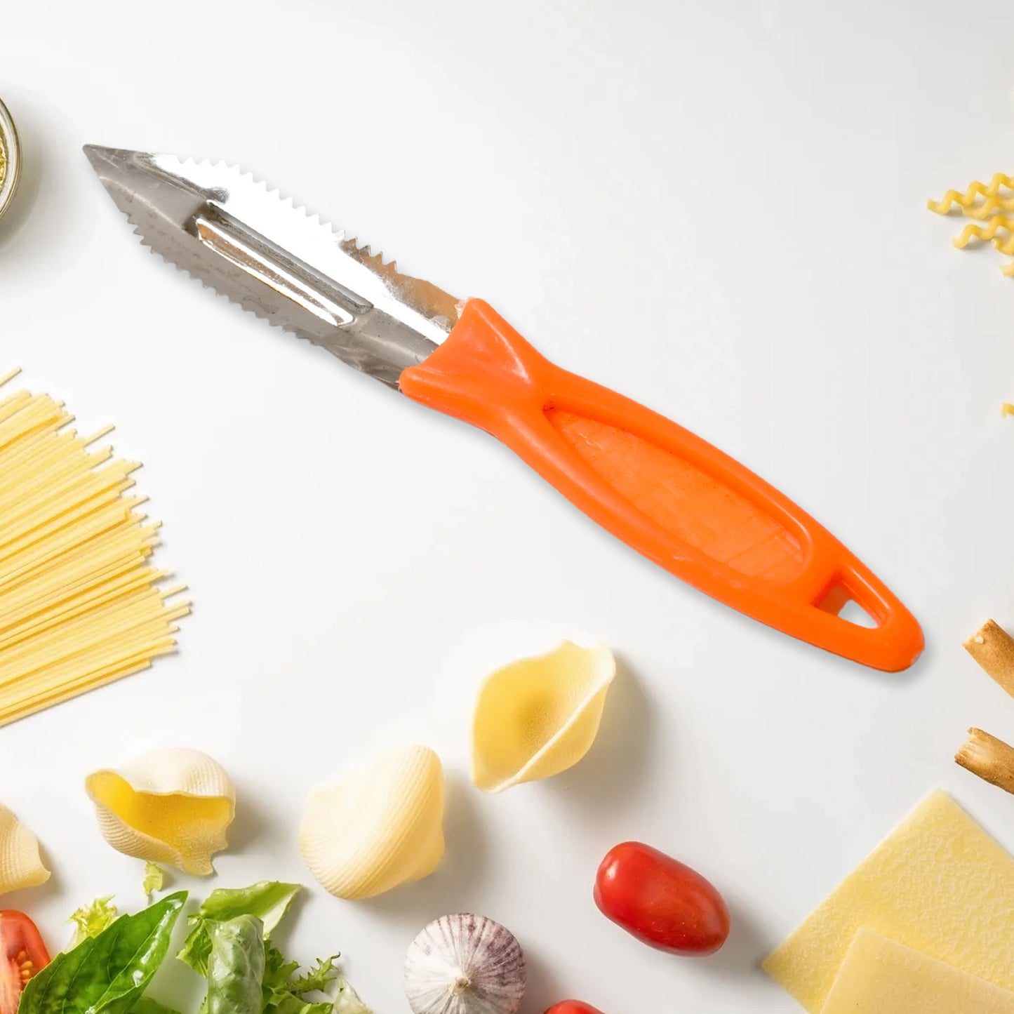 Wukusy 3-in-1 stainless steel kitchen knife set with utility, vegetable peeler, and paring knives for chopping and peeling fruits and vegetables.