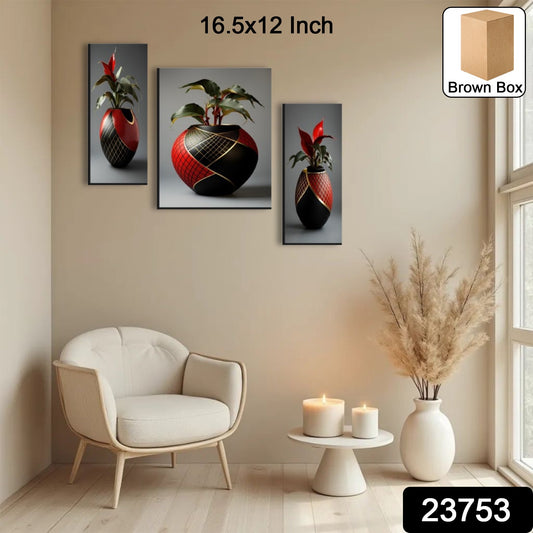Decorative 3-panel MDF wall frame featuring floral art, 16.5x12 inches, by Wukusy for home decor and wall decoration.