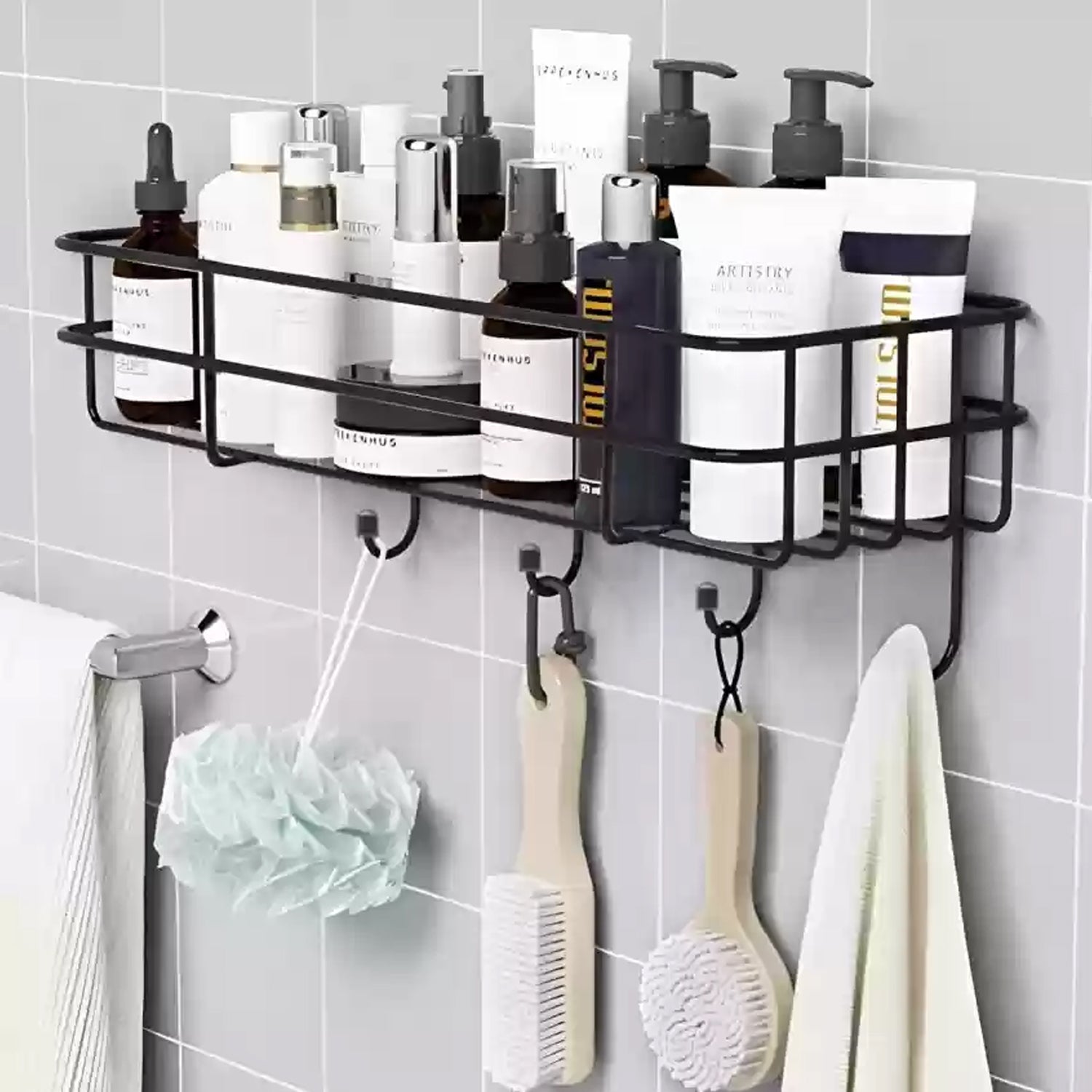 Wukusy 9009 3-in-1 shower shelf rack holding bottles, toiletries, and household items in a bathroom setting