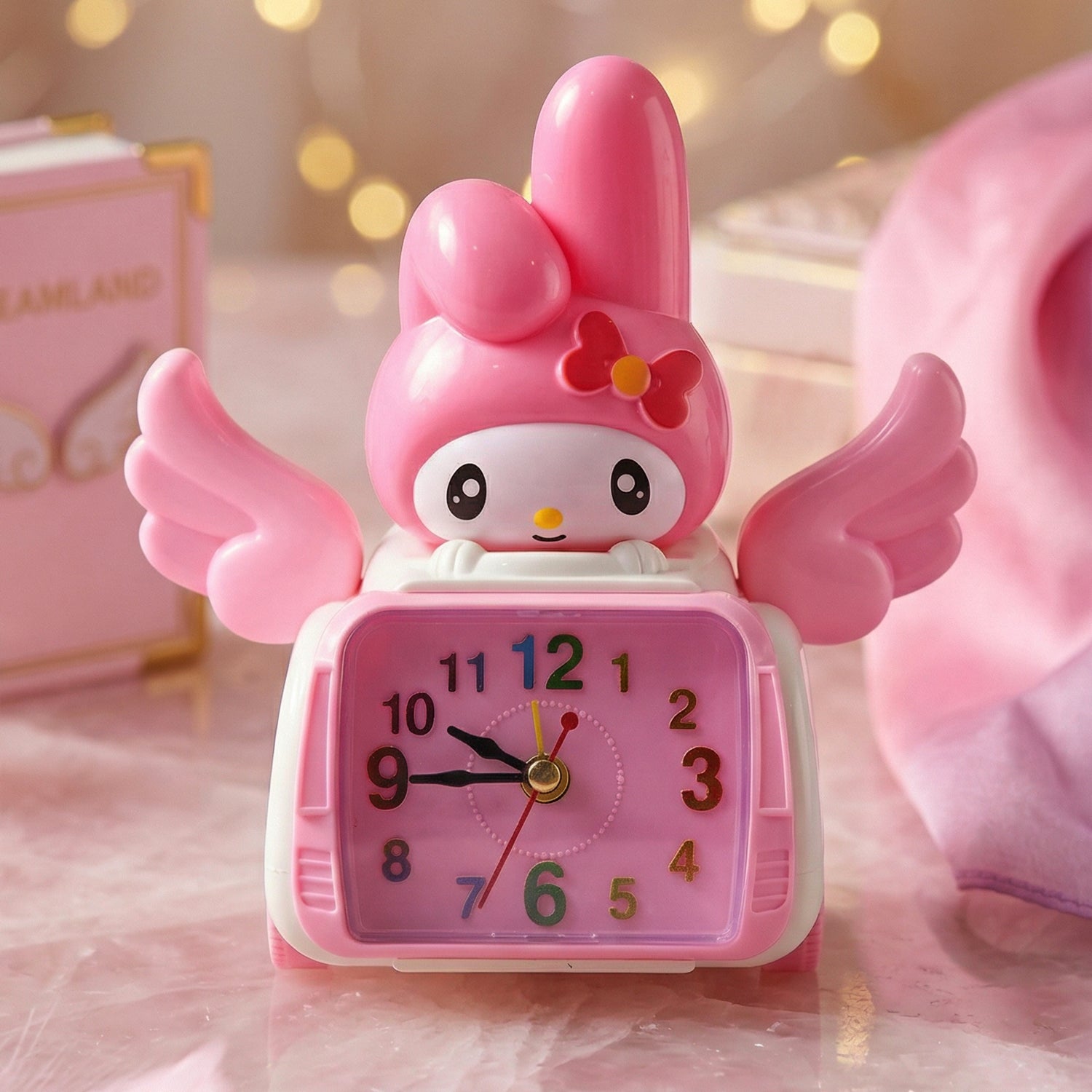 Pink cartoon bunny car-shaped table alarm clock by Wukusy, featuring a cute bunny design and digital time display.
