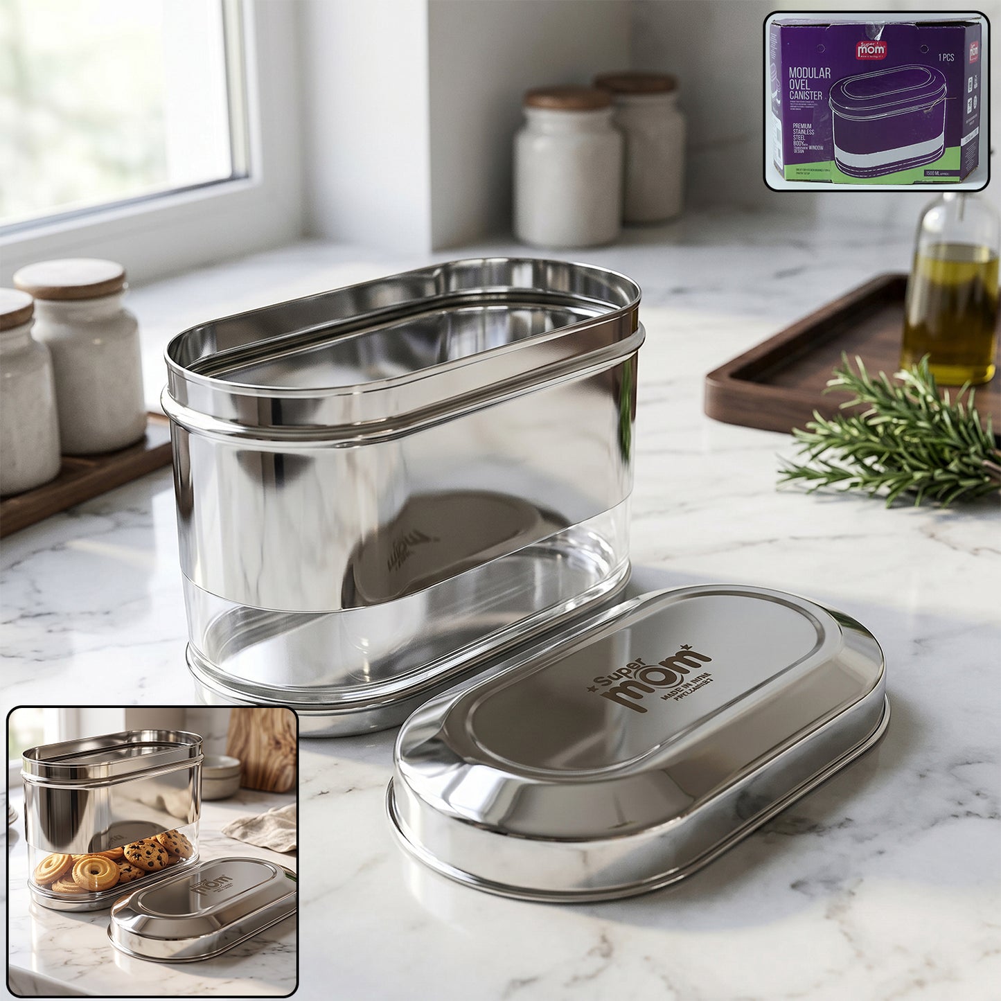 Supermom stainless steel oval canister by Wukusy with a 1500 ml capacity, featuring a sleek modular design.