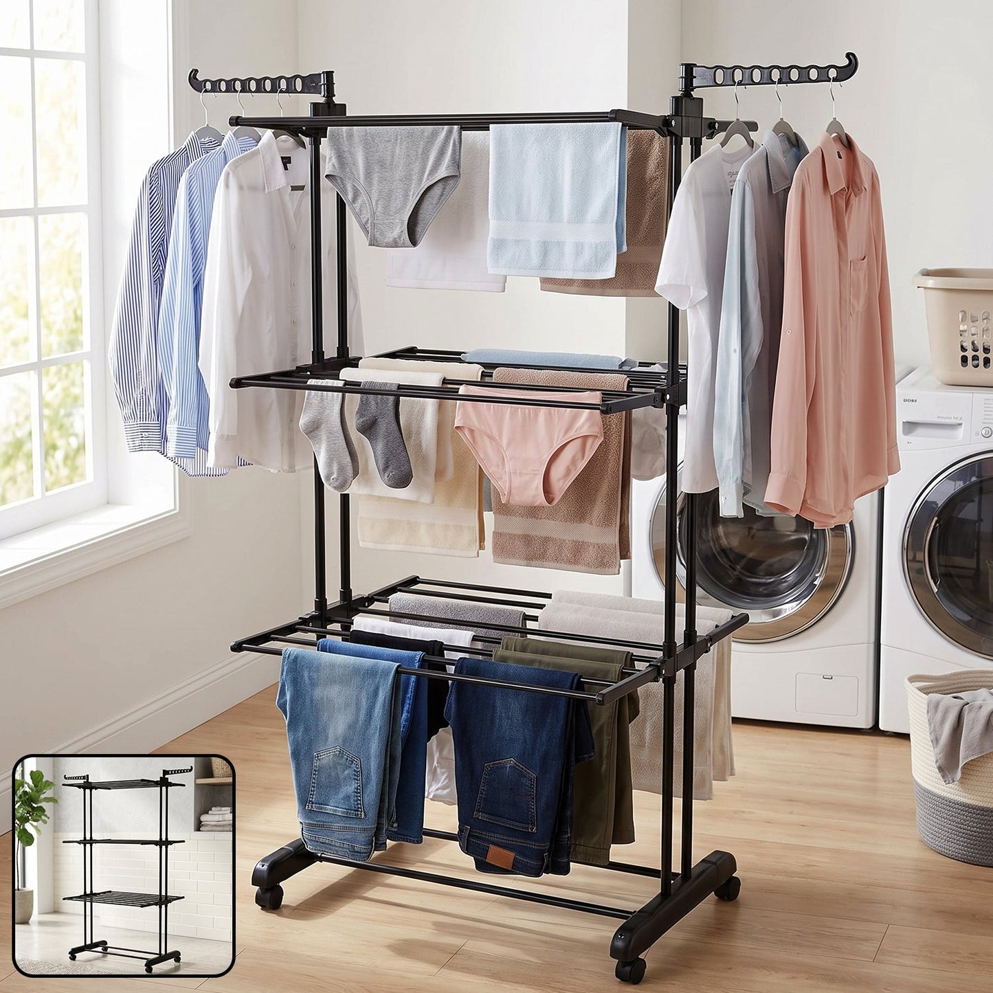 Wukusy metal expandable garment rack with three layers, wheels, and cloth drying stand for clothing organization and drying.