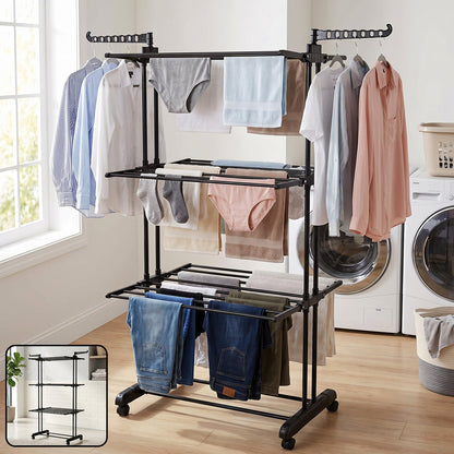 Wukusy metal expandable garment rack with three layers, wheels, and cloth drying stand for clothing organization and drying.