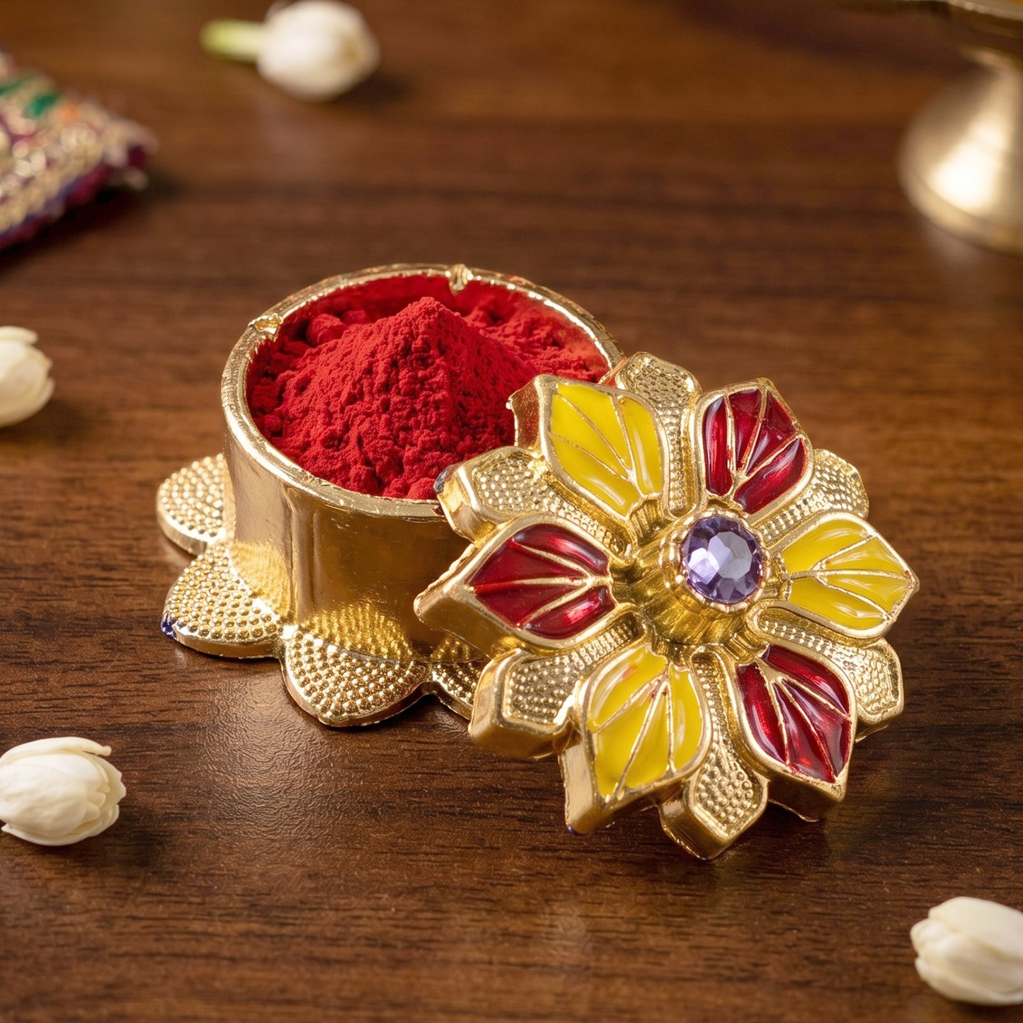 Decorative golden Kankavati kumkum box, traditional Sindoor holder for Pooja, featuring intricate design and lid, by Wukusy.