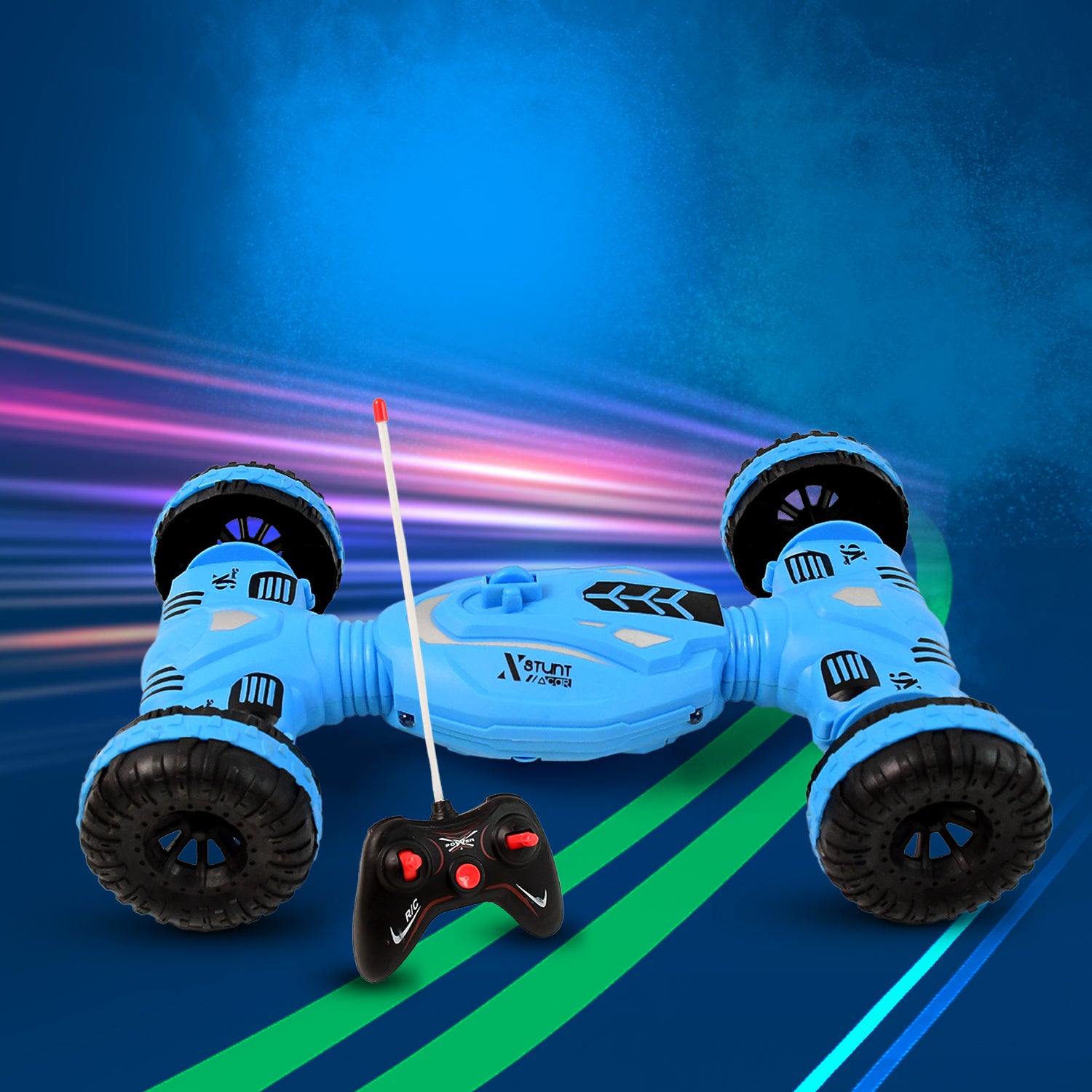 Wukusy remote control stunt car toy with colorful design, capable of performing tricks and jumps on smooth surfaces.