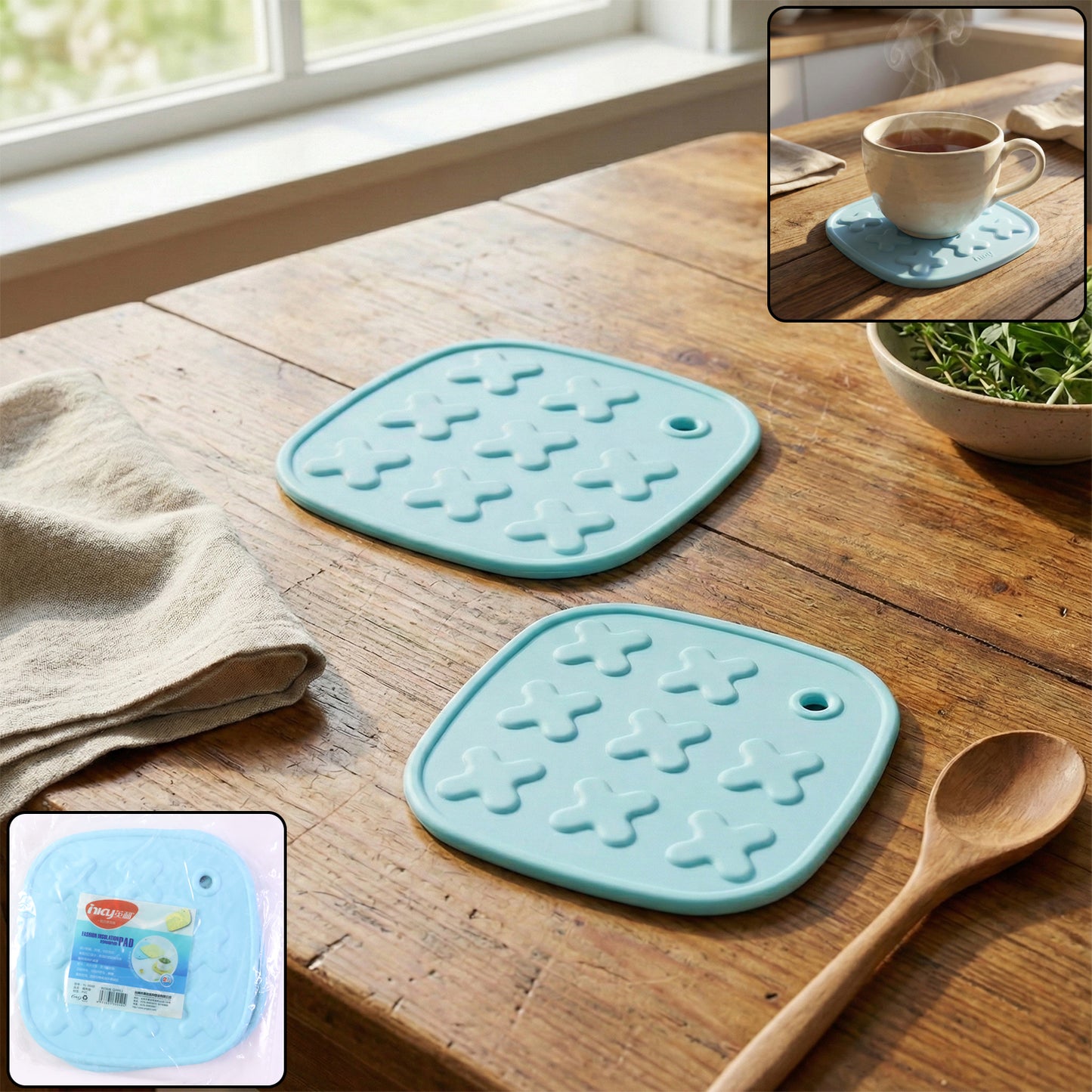 Wukusy heat-resistant multipurpose cup coaster and hot pot pad set, two black silicone pads for protecting surfaces from heat.