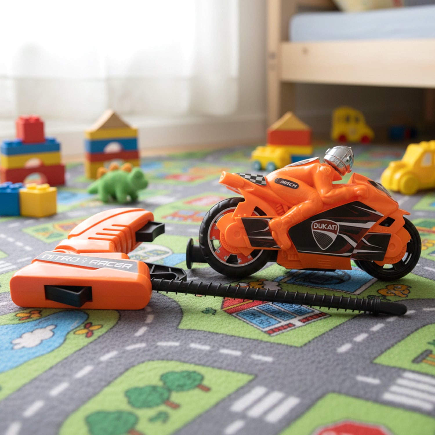 Wukusy launcher bike racing toy for kids with manual pull launcher, featuring colorful bike design and playful racing elements