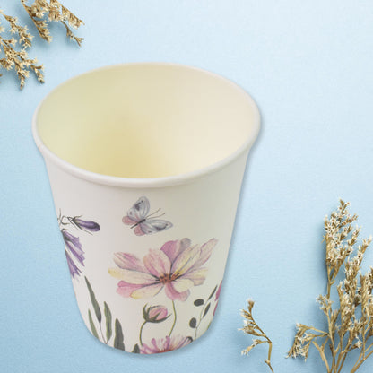 Set of 24 colorful disposable paper cups for tea and coffee, with mixed designs, ideal for home and kitchen use.