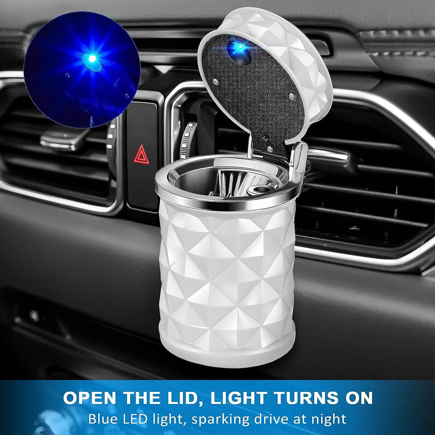 Wukusy 7932 car cupholder ashtray with lid, blue LED light, portable design, ideal for cigarette and cigar ash disposal in vehicles
